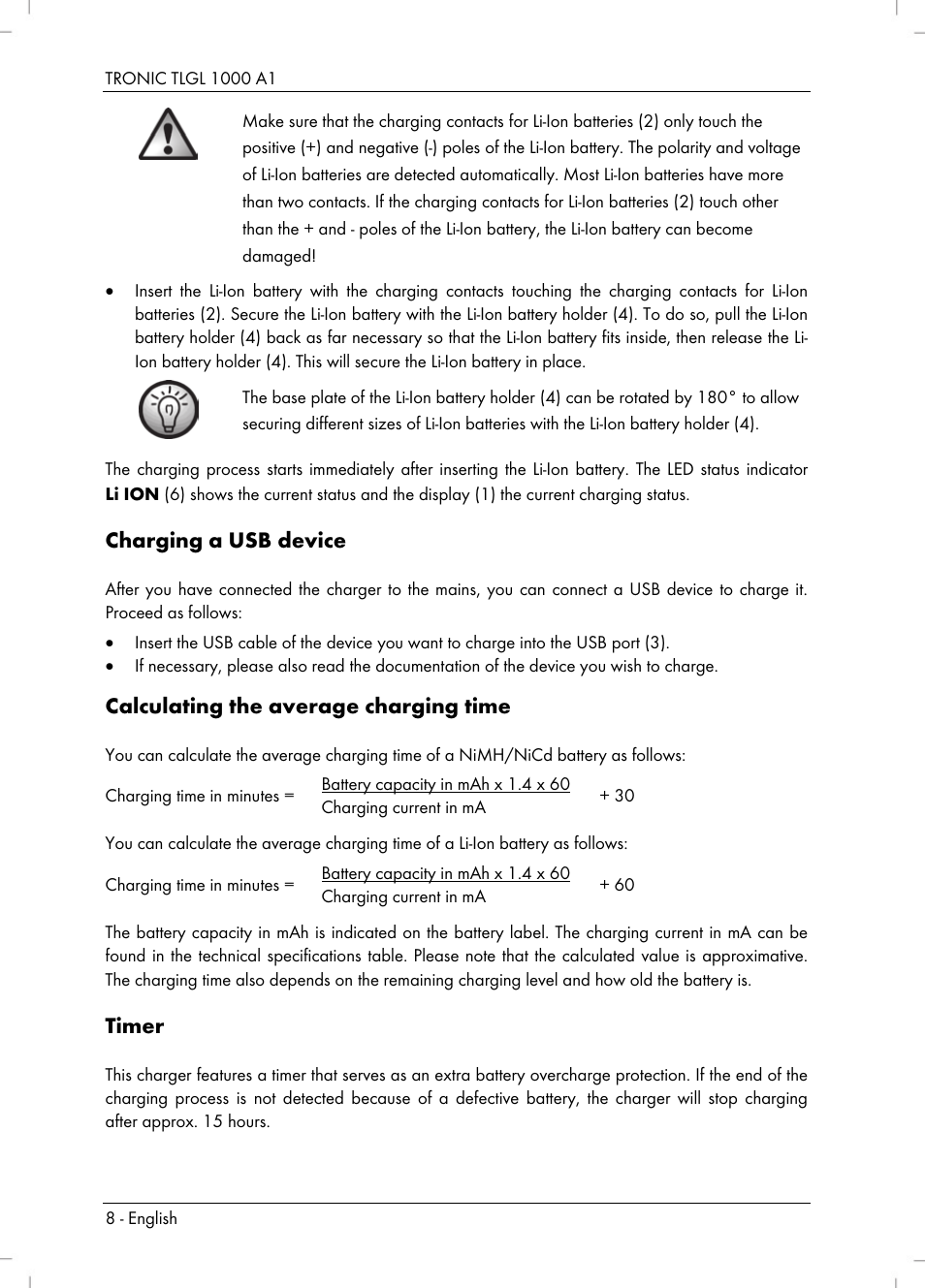 Charging a usb device, Calculating the average charging time, Timer | Tronic TLGL 1000 A1 User Manual | Page 10 / 82