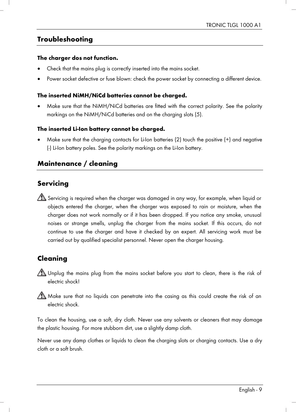 Troubleshooting, Maintenance / cleaning servicing, Cleaning | Tronic TLGL 1000 A1 User Manual | Page 11 / 82