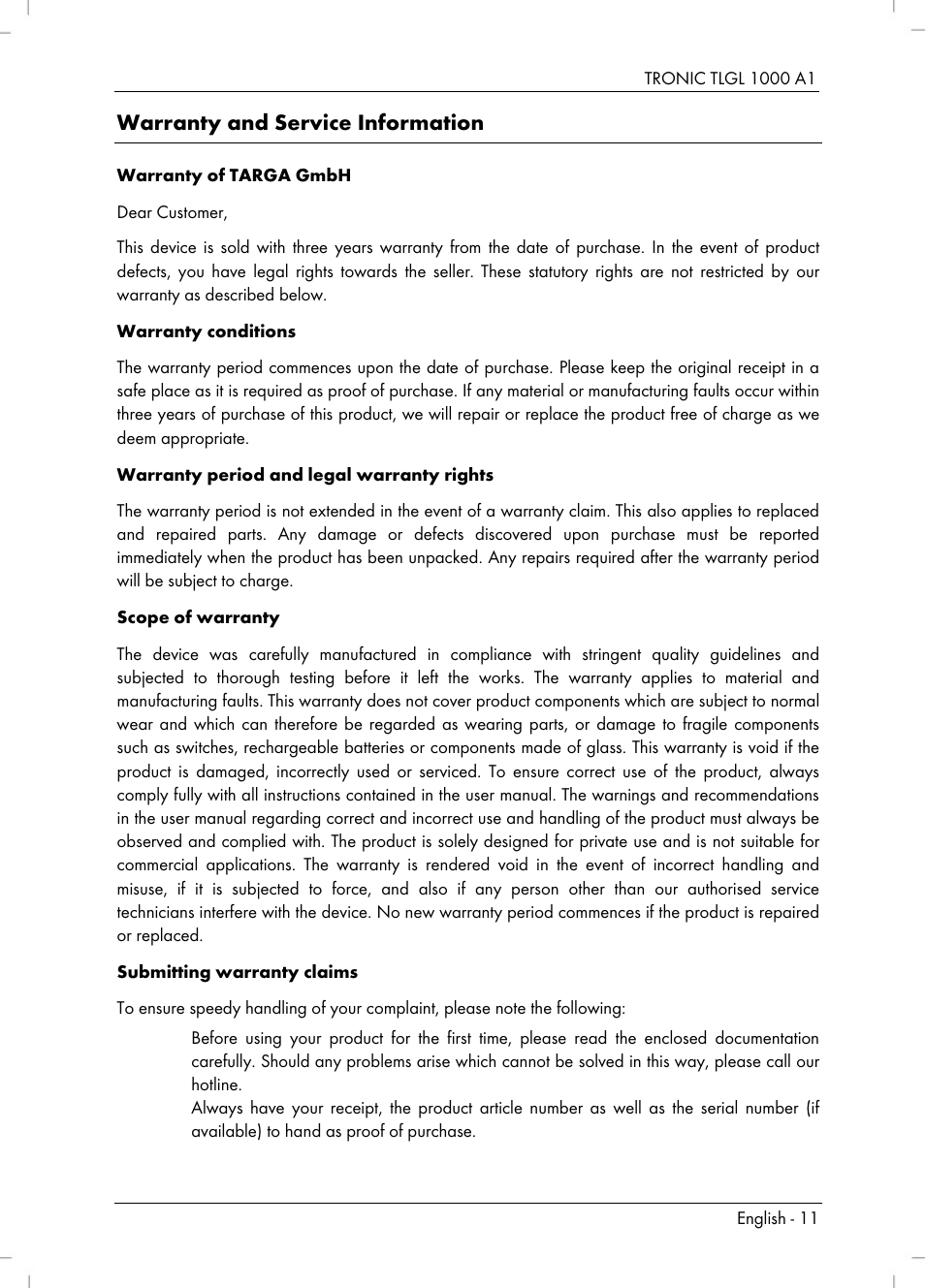 Warranty and service information | Tronic TLGL 1000 A1 User Manual | Page 13 / 82