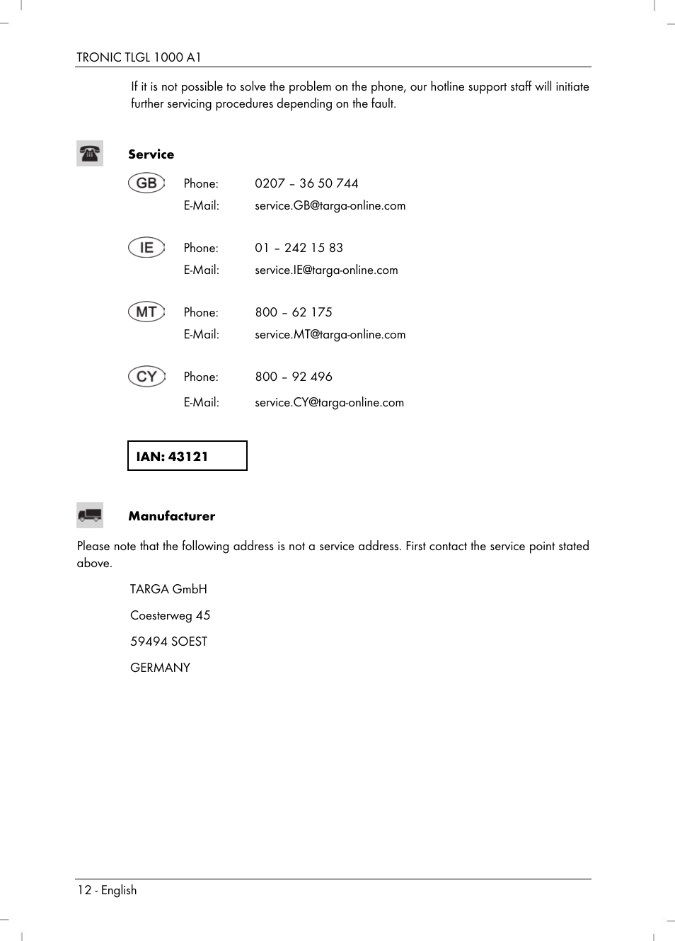 Tronic TLGL 1000 A1 User Manual | Page 14 / 82