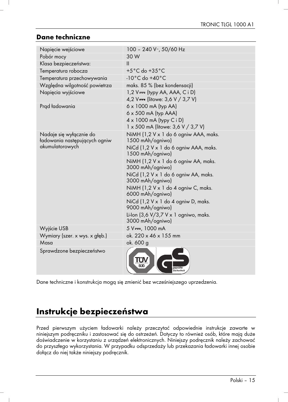 Instrukcje bezpieczeństwa, Dane techniczne | Tronic TLGL 1000 A1 User Manual | Page 17 / 82