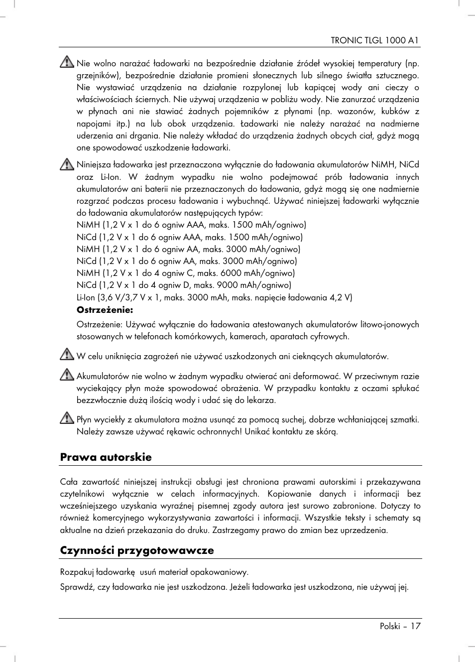 Prawa autorskie, Czynności przygotowawcze | Tronic TLGL 1000 A1 User Manual | Page 19 / 82
