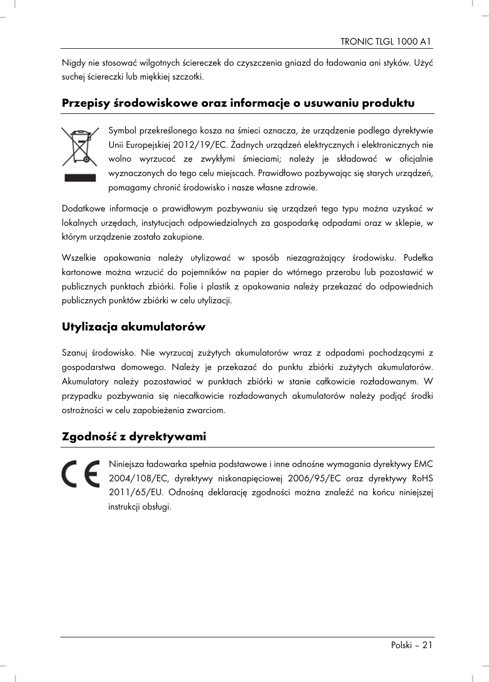 Utylizacja akumulatorów, Zgodność z dyrektywami | Tronic TLGL 1000 A1 User Manual | Page 23 / 82