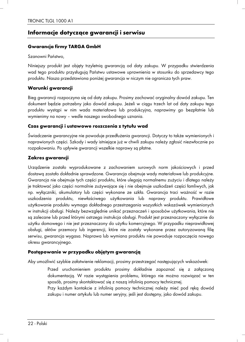 Informacje dotyczące gwarancji i serwisu | Tronic TLGL 1000 A1 User Manual | Page 24 / 82