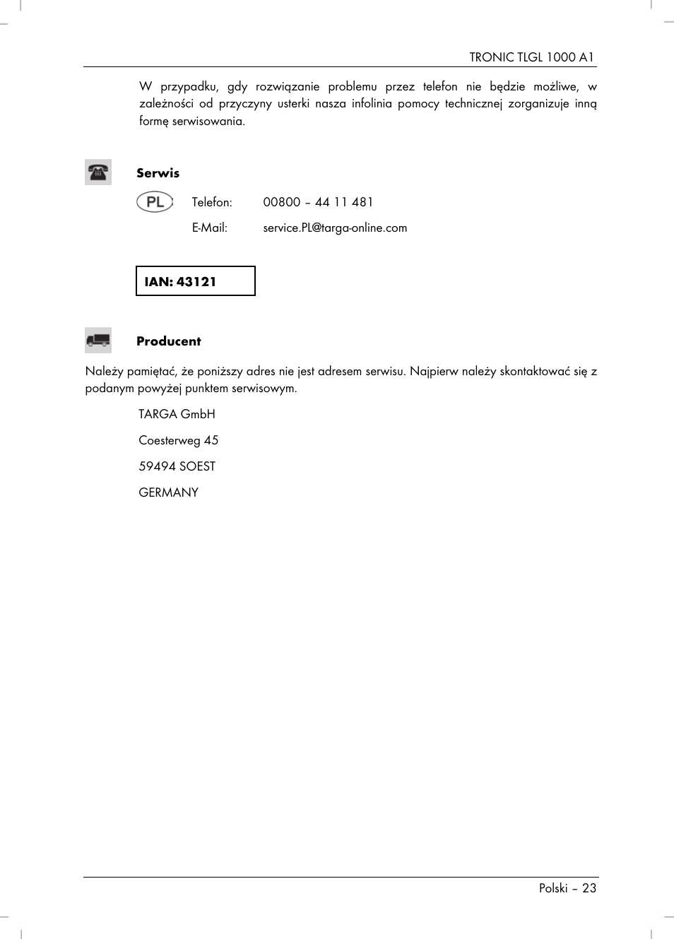 Tronic TLGL 1000 A1 User Manual | Page 25 / 82