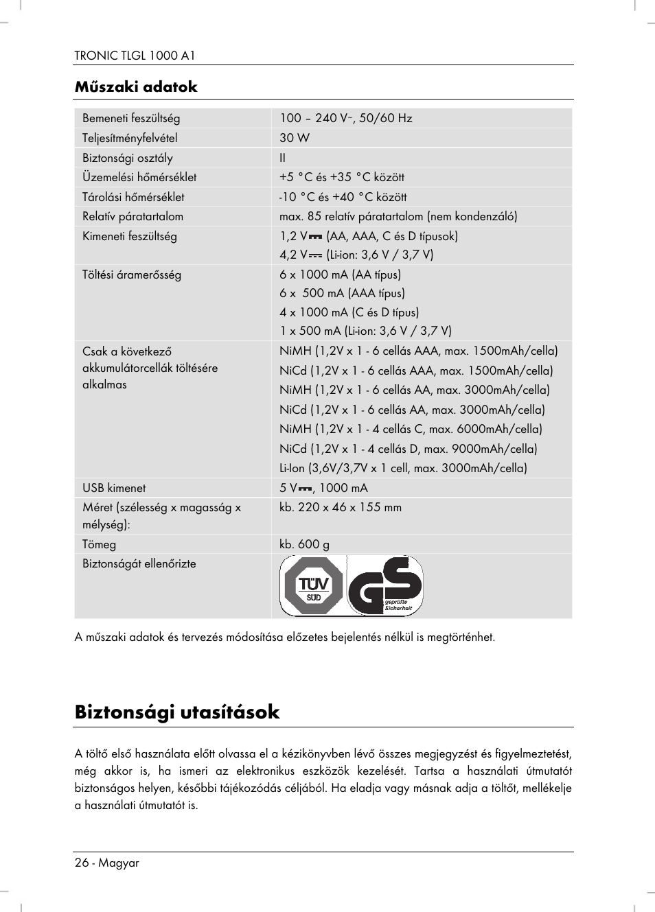 Biztonsági utasítások, Műszaki adatok | Tronic TLGL 1000 A1 User Manual | Page 28 / 82