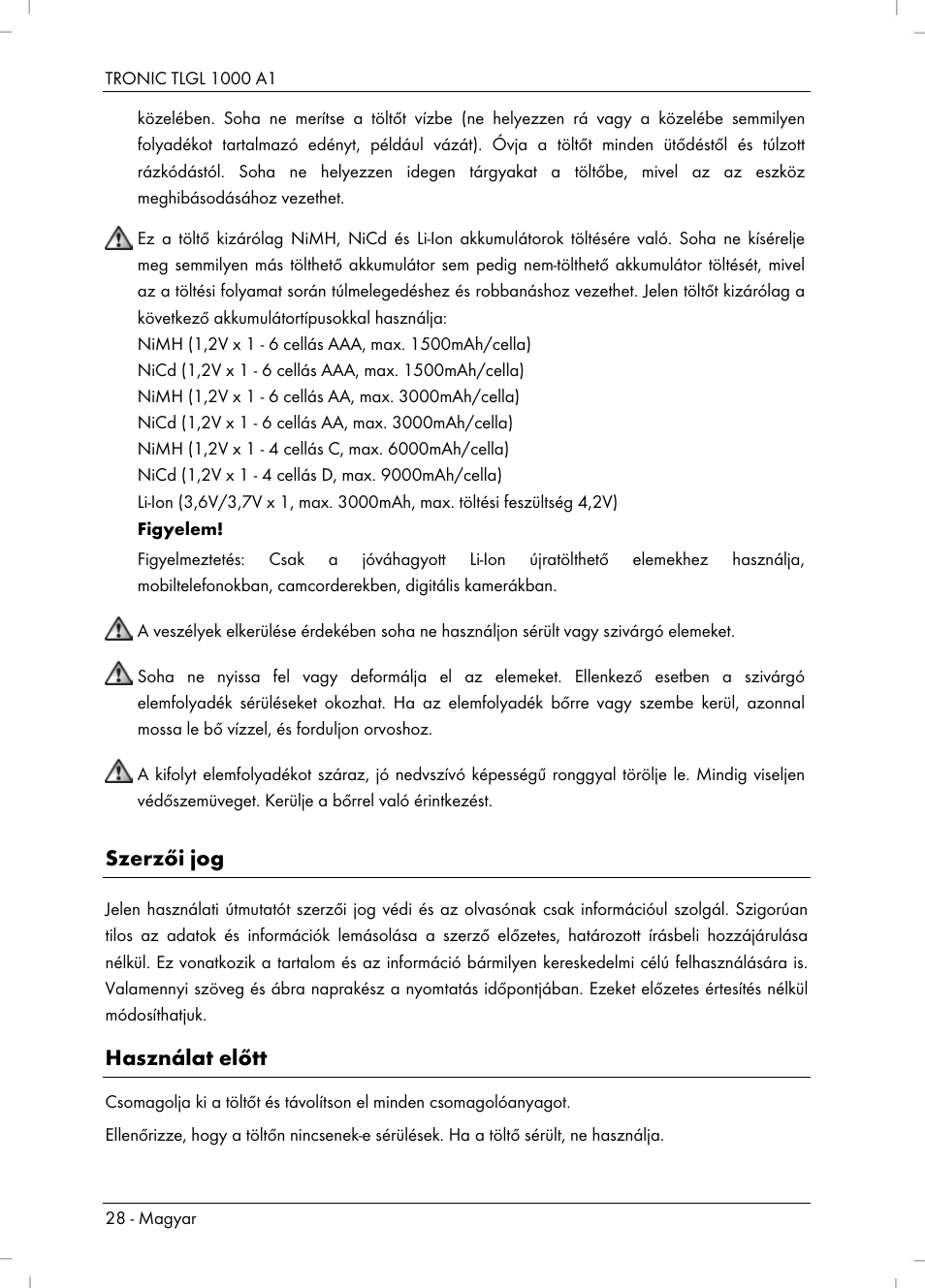 Szerzői jog, Használat előtt | Tronic TLGL 1000 A1 User Manual | Page 30 / 82