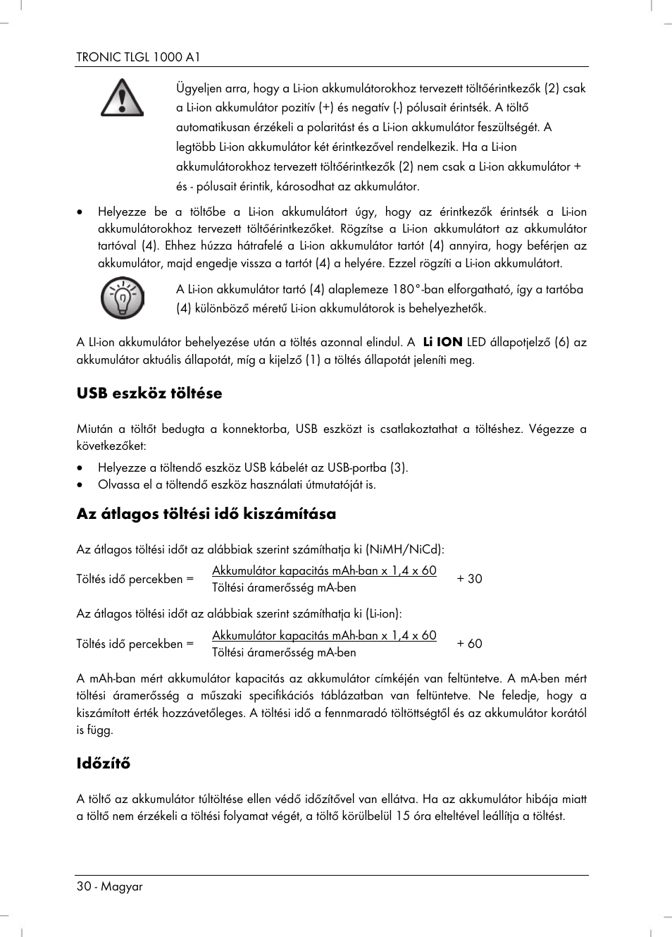Usb eszköz töltése, Az átlagos töltési idő kiszámítása, Időzítő | Tronic TLGL 1000 A1 User Manual | Page 32 / 82