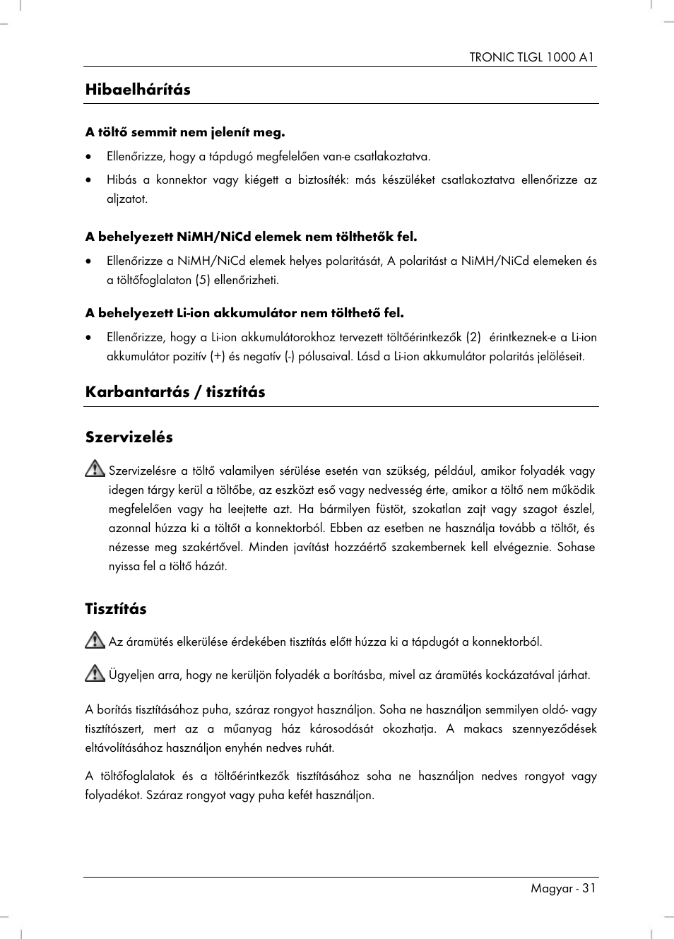 Hibaelhárítás, Karbantartás / tisztítás szervizelés, Tisztítás | Tronic TLGL 1000 A1 User Manual | Page 33 / 82