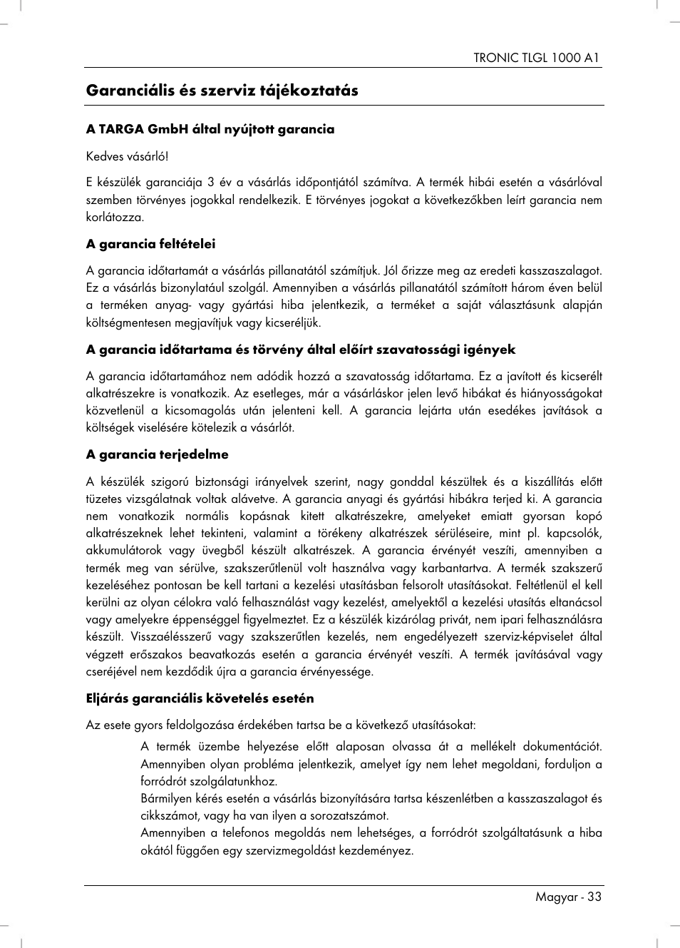 Garanciális és szerviz tájékoztatás | Tronic TLGL 1000 A1 User Manual | Page 35 / 82