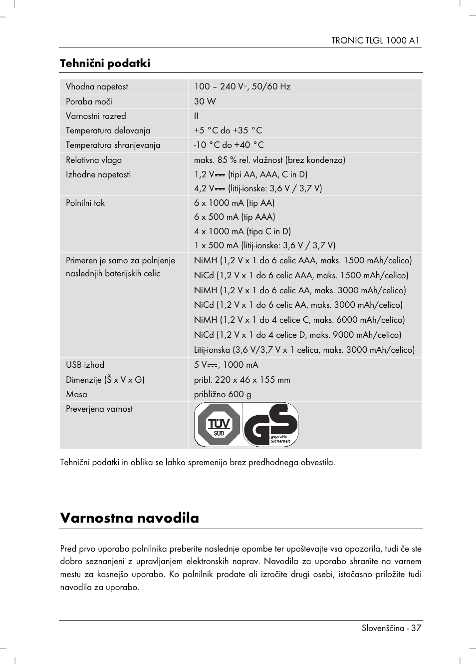 Varnostna navodila, Tehnični podatki | Tronic TLGL 1000 A1 User Manual | Page 39 / 82