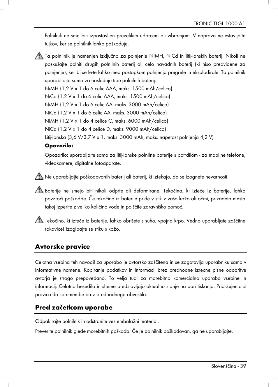 Avtorske pravice, Pred začetkom uporabe | Tronic TLGL 1000 A1 User Manual | Page 41 / 82