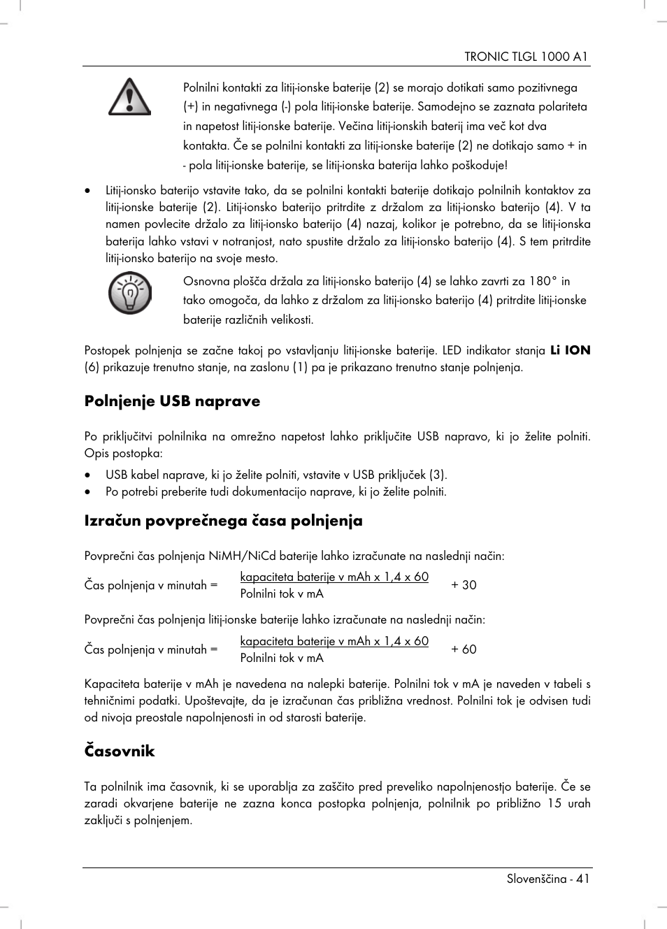 Polnjenje usb naprave, Izračun povprečnega časa polnjenja, Časovnik | Tronic TLGL 1000 A1 User Manual | Page 43 / 82