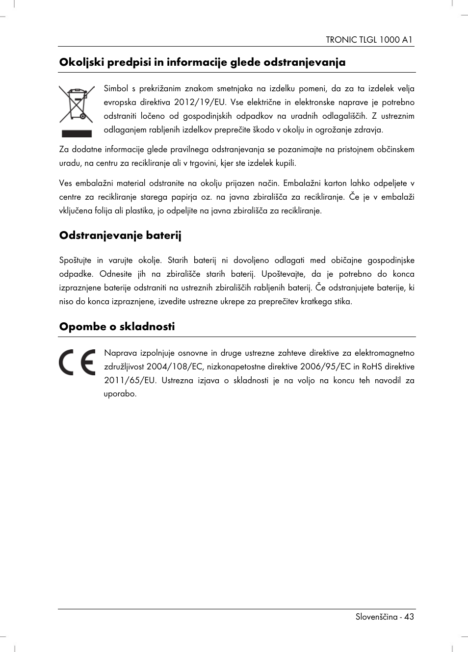Odstranjevanje baterij, Opombe o skladnosti | Tronic TLGL 1000 A1 User Manual | Page 45 / 82