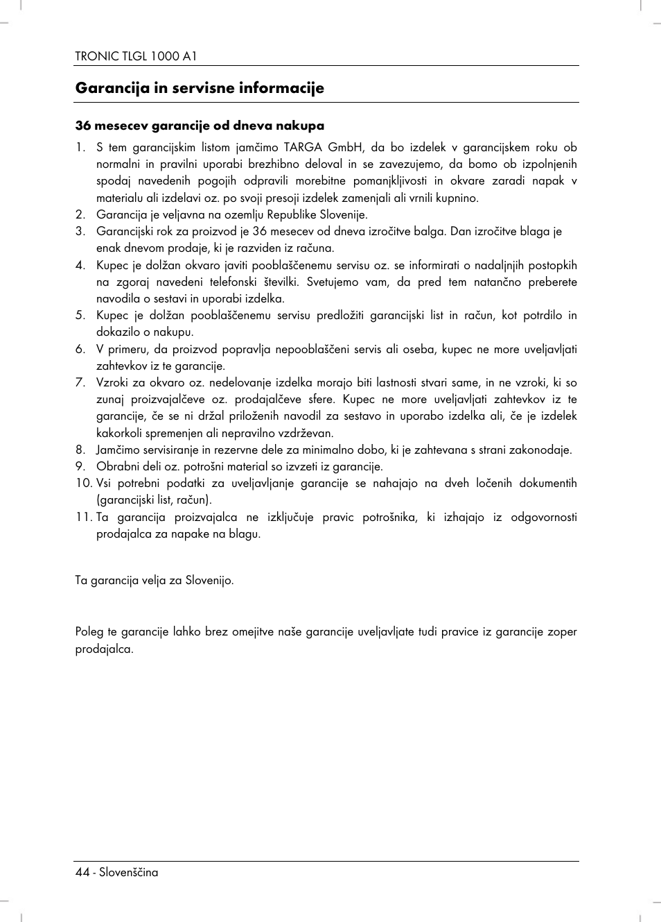 Garancija in servisne informacije | Tronic TLGL 1000 A1 User Manual | Page 46 / 82