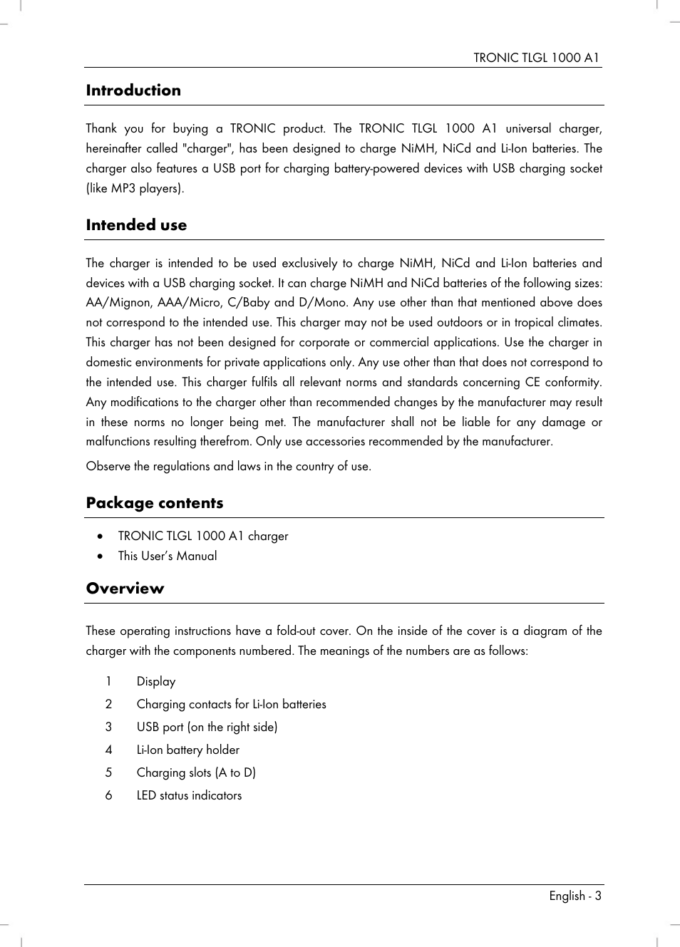 Introduction, Intended use, Package contents | Overview | Tronic TLGL 1000 A1 User Manual | Page 5 / 82