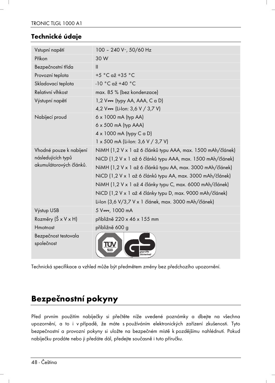 Bezpečnostní pokyny, Technické údaje | Tronic TLGL 1000 A1 User Manual | Page 50 / 82