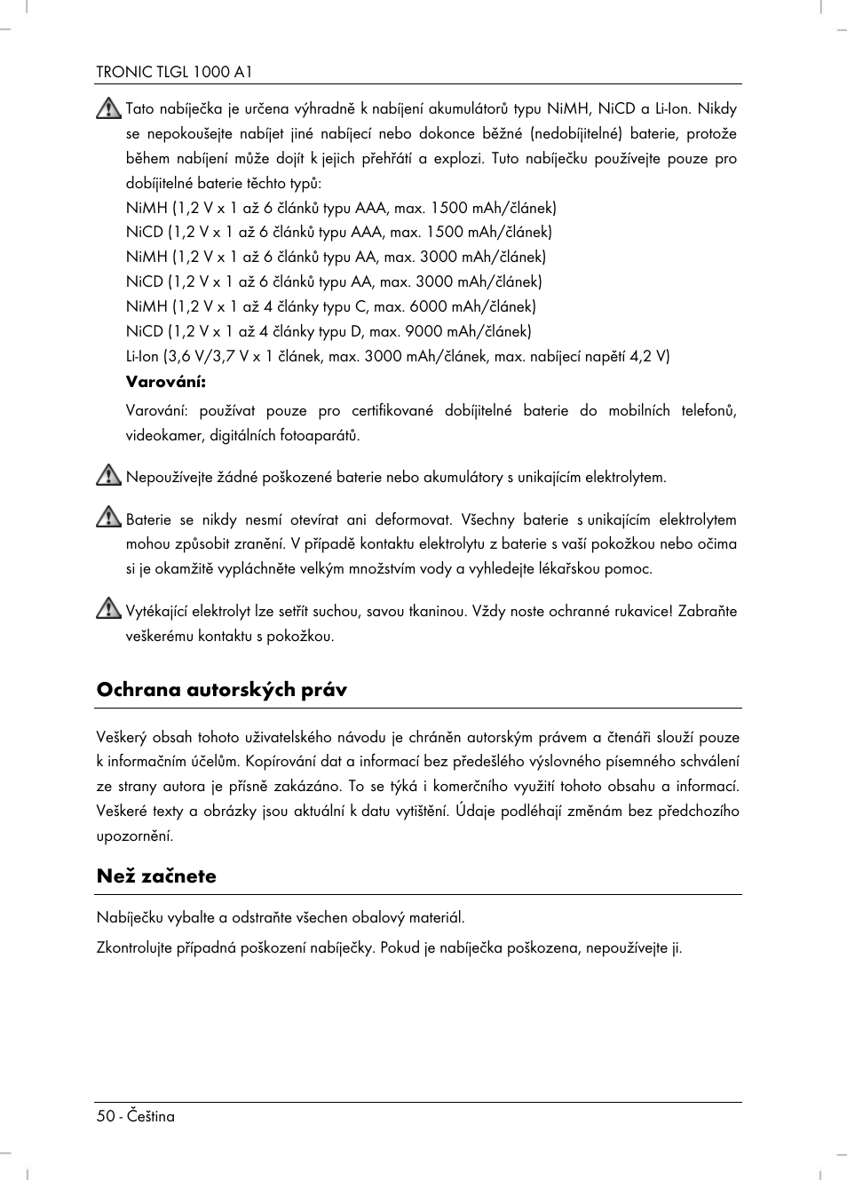 Ochrana autorských práv, Než začnete | Tronic TLGL 1000 A1 User Manual | Page 52 / 82