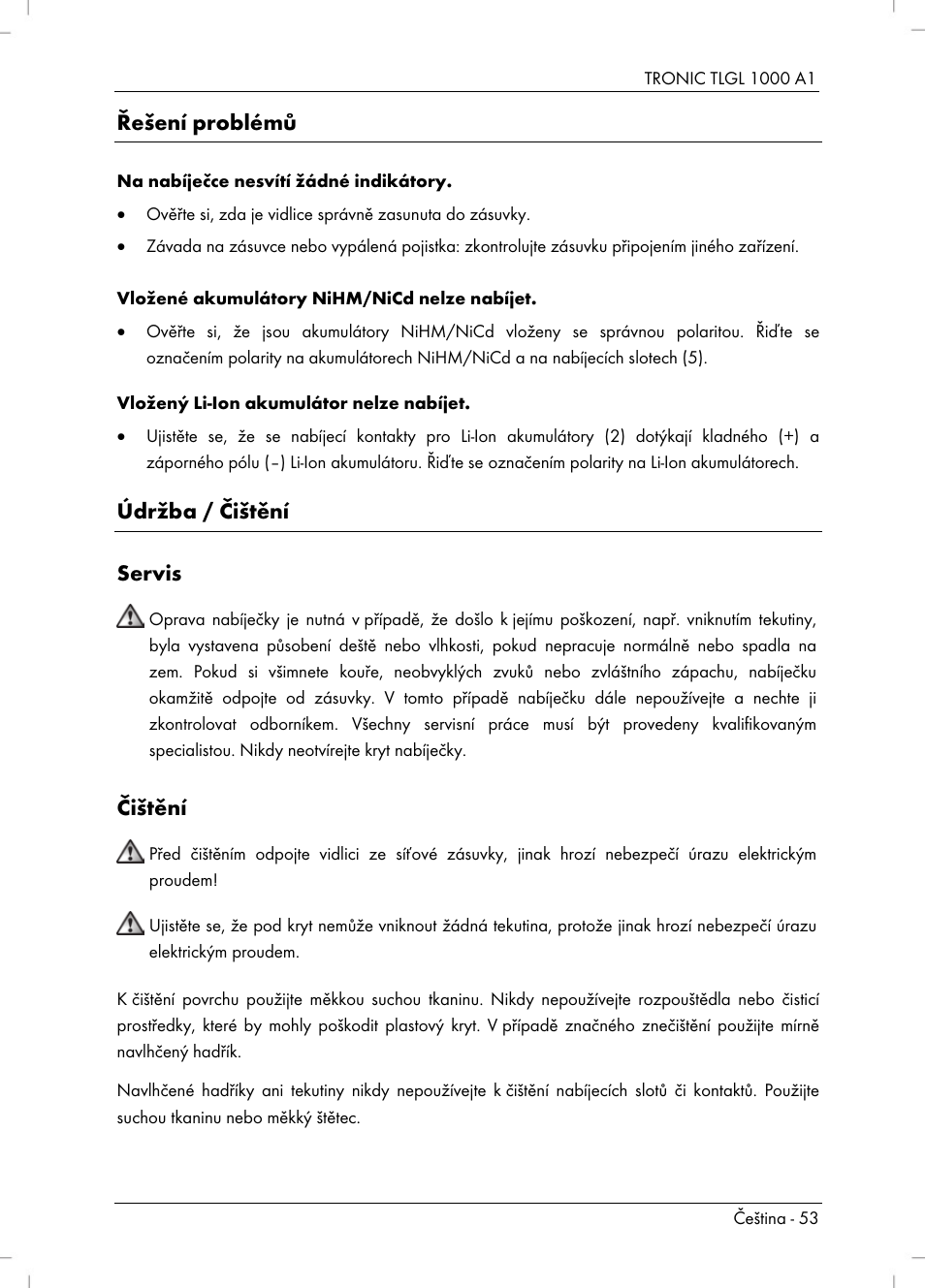 Řešení problémů, Údržba / čištění servis, Čištění | Tronic TLGL 1000 A1 User Manual | Page 55 / 82