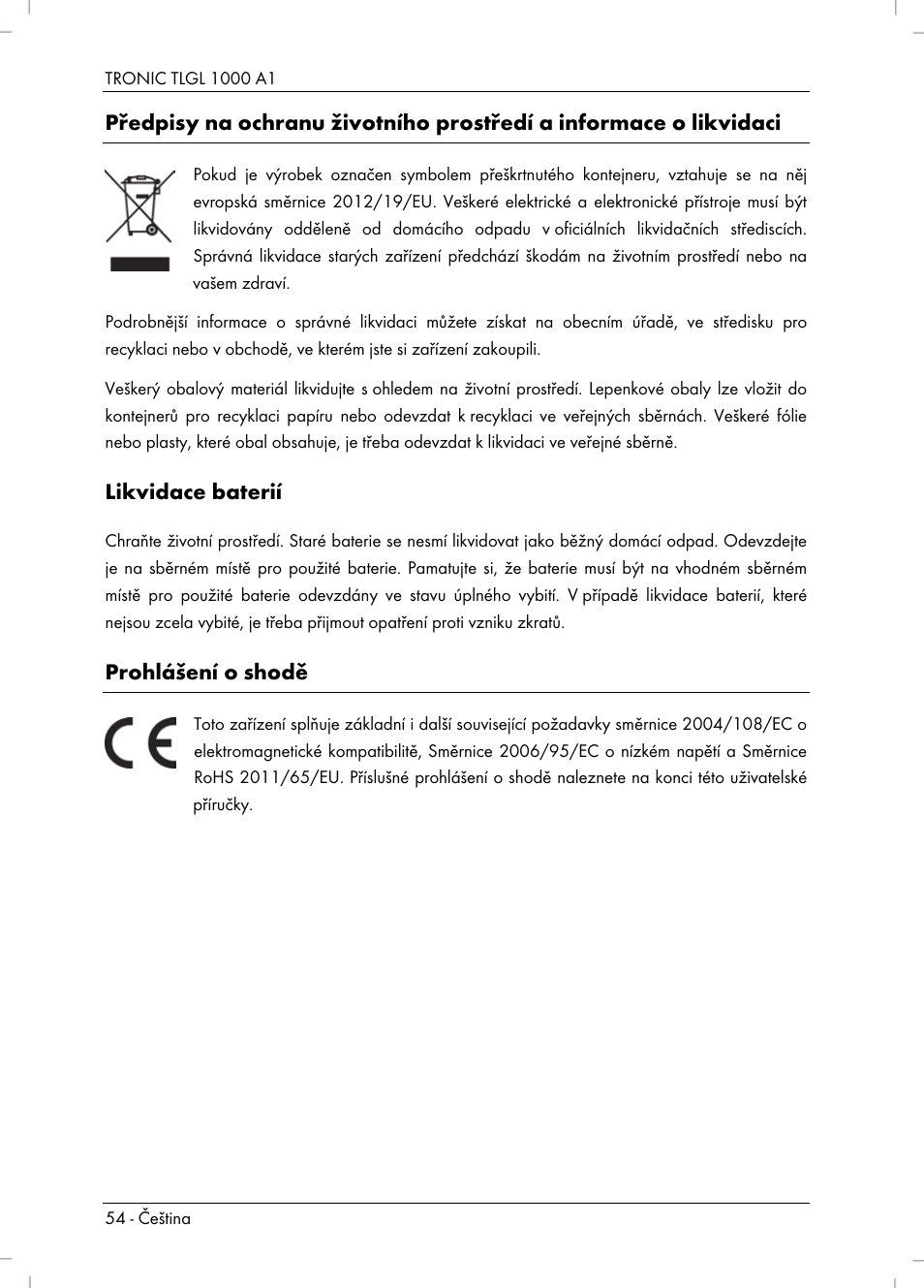 Likvidace baterií, Prohlášení o shodě | Tronic TLGL 1000 A1 User Manual | Page 56 / 82