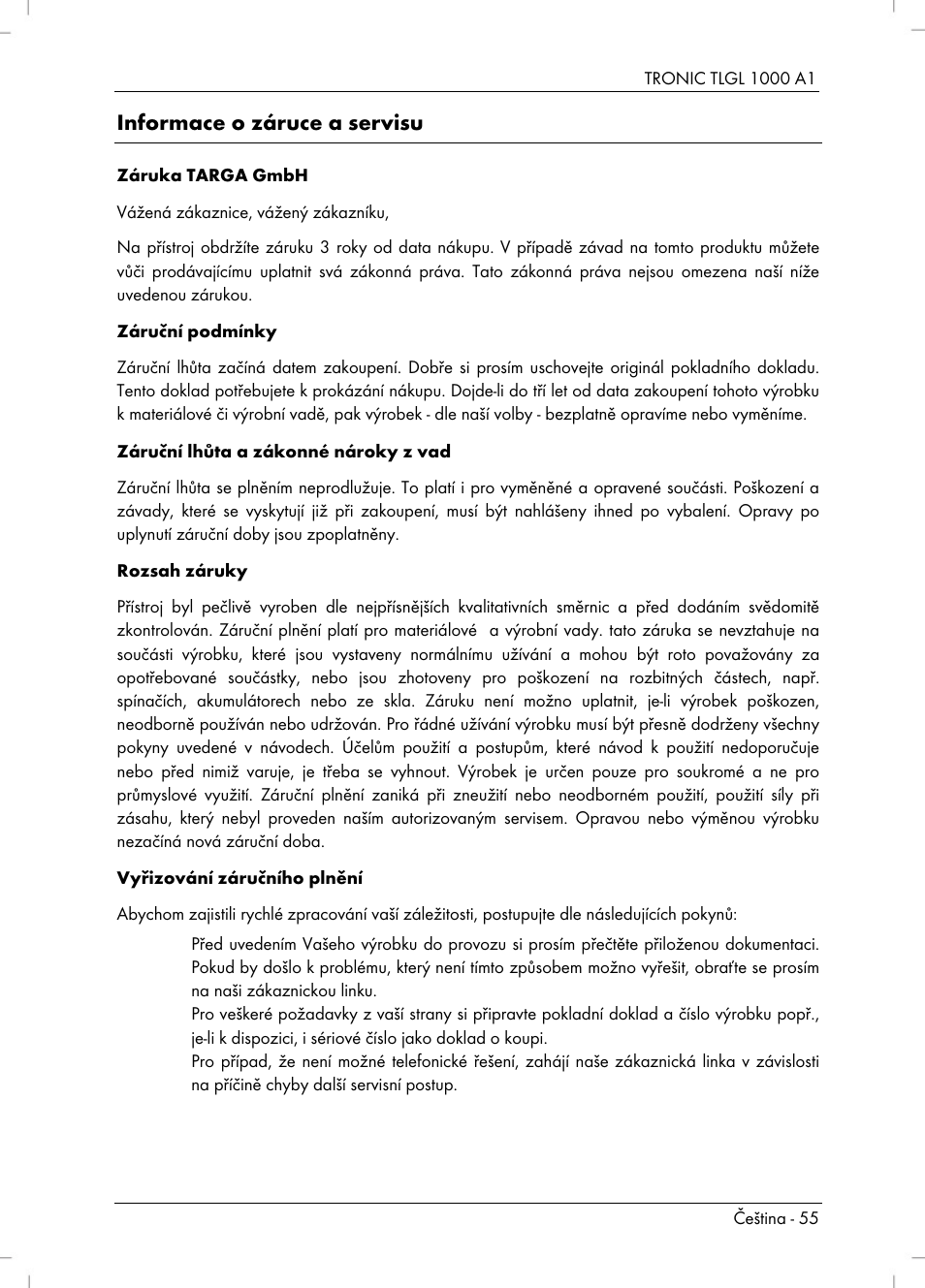 Informace o záruce a servisu | Tronic TLGL 1000 A1 User Manual | Page 57 / 82