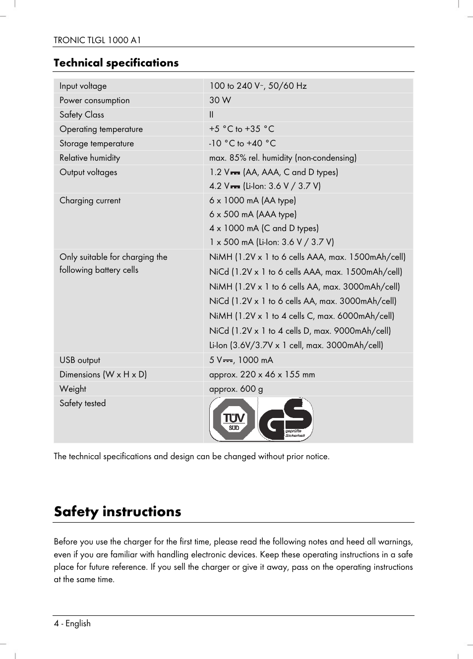Safety instructions, Technical specifications | Tronic TLGL 1000 A1 User Manual | Page 6 / 82