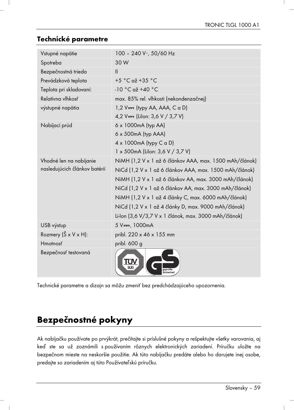 Bezpečnostné pokyny, Technické parametre | Tronic TLGL 1000 A1 User Manual | Page 61 / 82