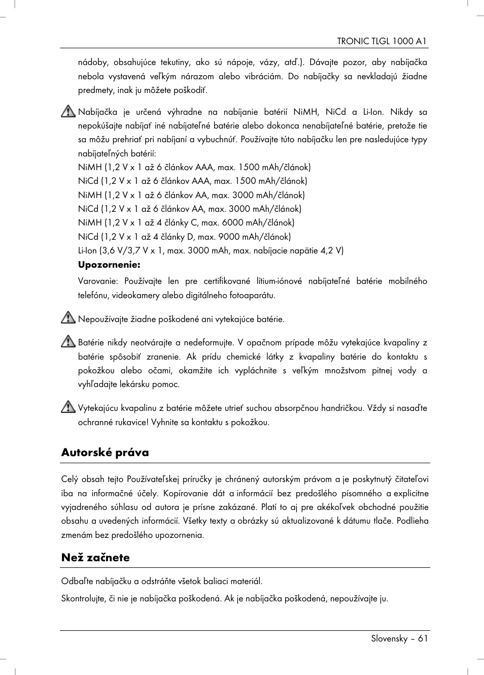 Autorské práva, Než začnete | Tronic TLGL 1000 A1 User Manual | Page 63 / 82