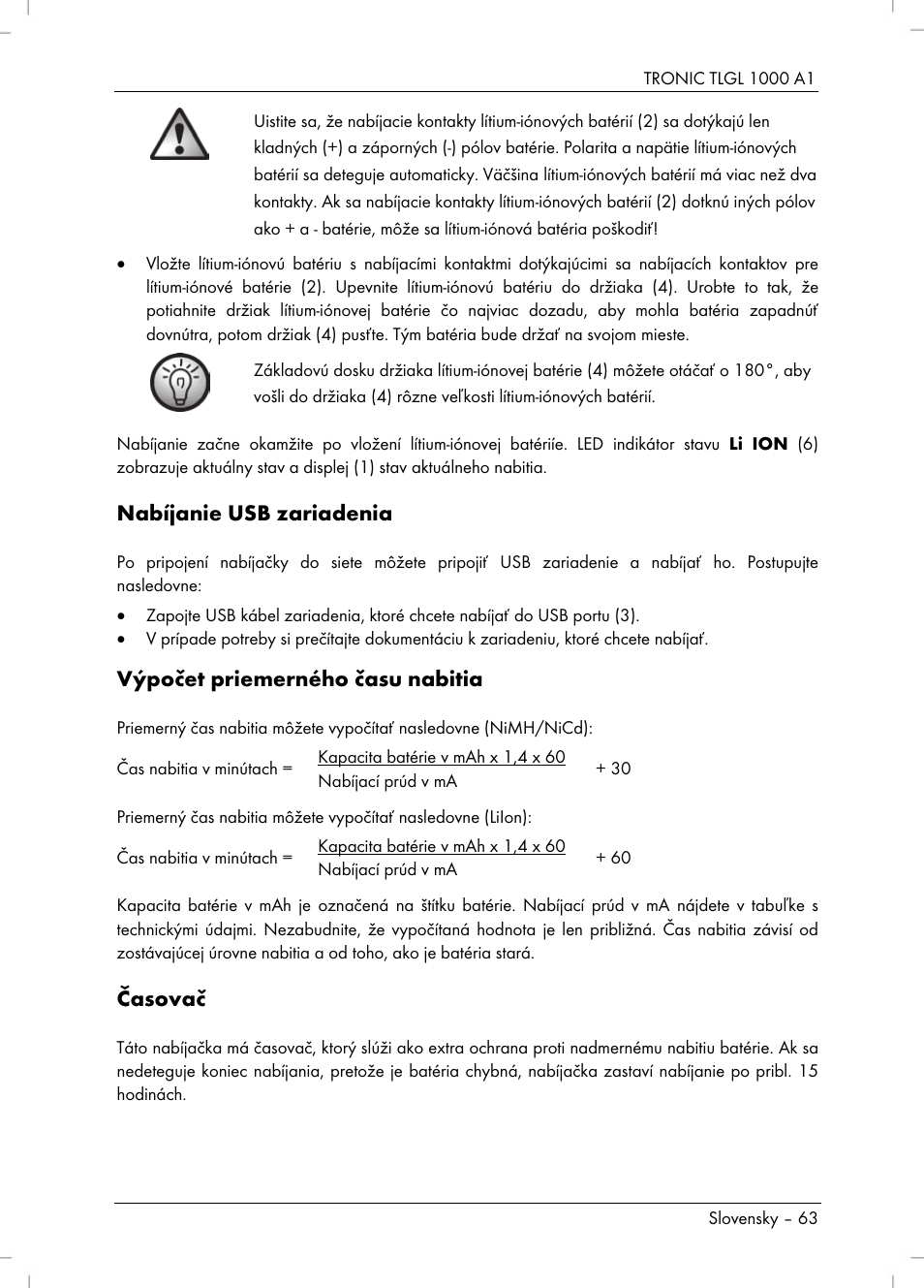 Nabíjanie usb zariadenia, Výpočet priemerného času nabitia, Časovač | Tronic TLGL 1000 A1 User Manual | Page 65 / 82