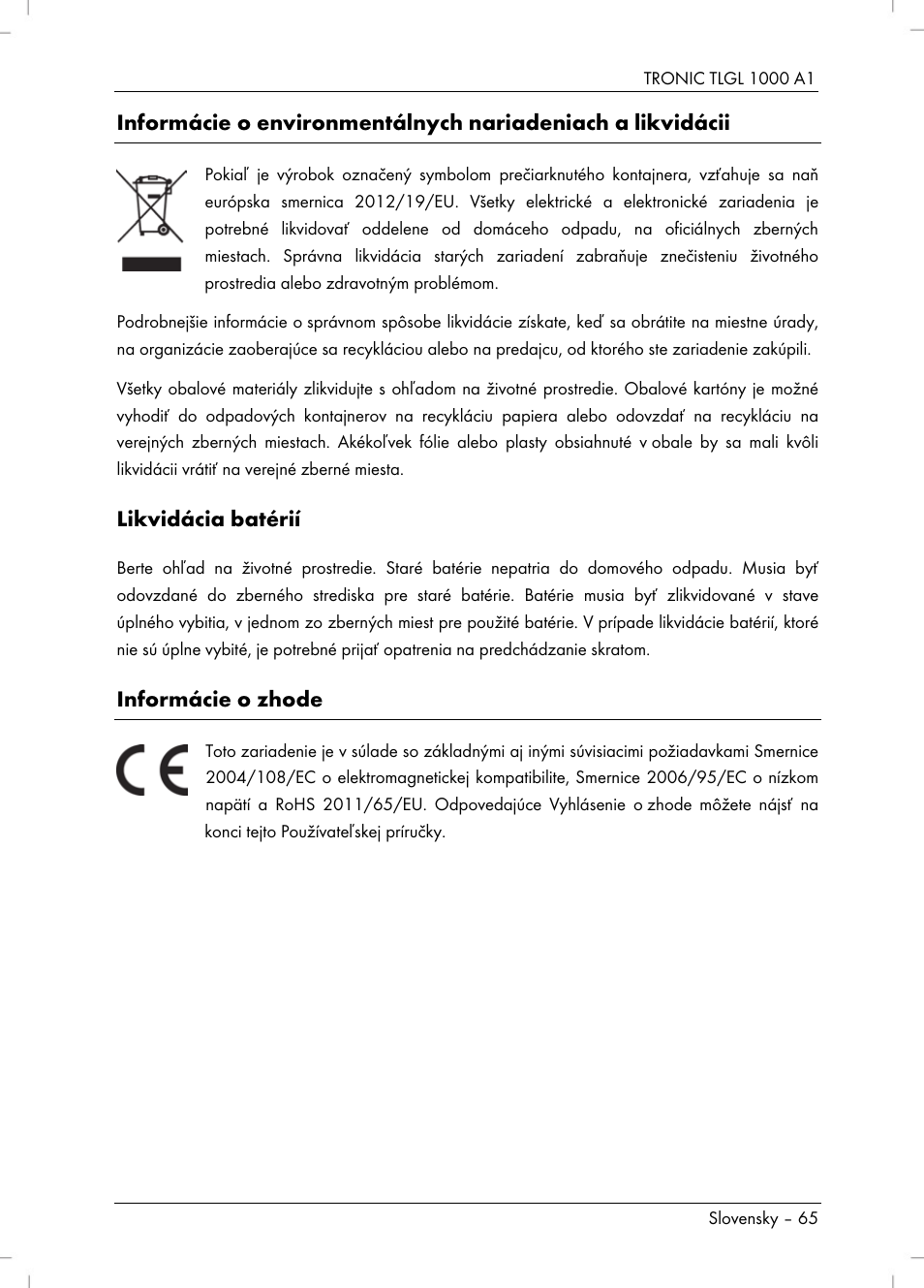 Likvidácia batérií, Informácie o zhode | Tronic TLGL 1000 A1 User Manual | Page 67 / 82