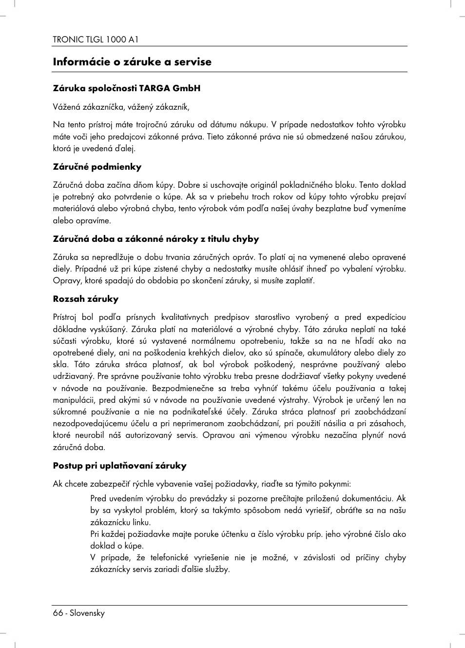 Informácie o záruke a servise | Tronic TLGL 1000 A1 User Manual | Page 68 / 82