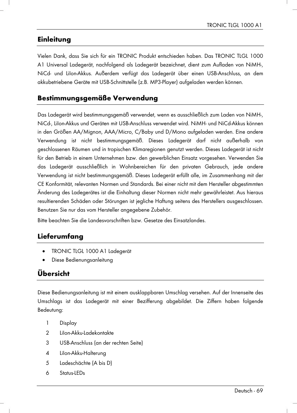 Einleitung, Bestimmungsgemäße verwendung, Lieferumfang | Übersicht | Tronic TLGL 1000 A1 User Manual | Page 71 / 82