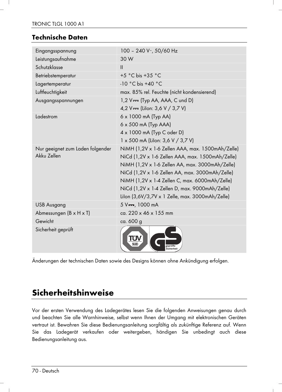 Sicherheitshinweise, Technische daten | Tronic TLGL 1000 A1 User Manual | Page 72 / 82
