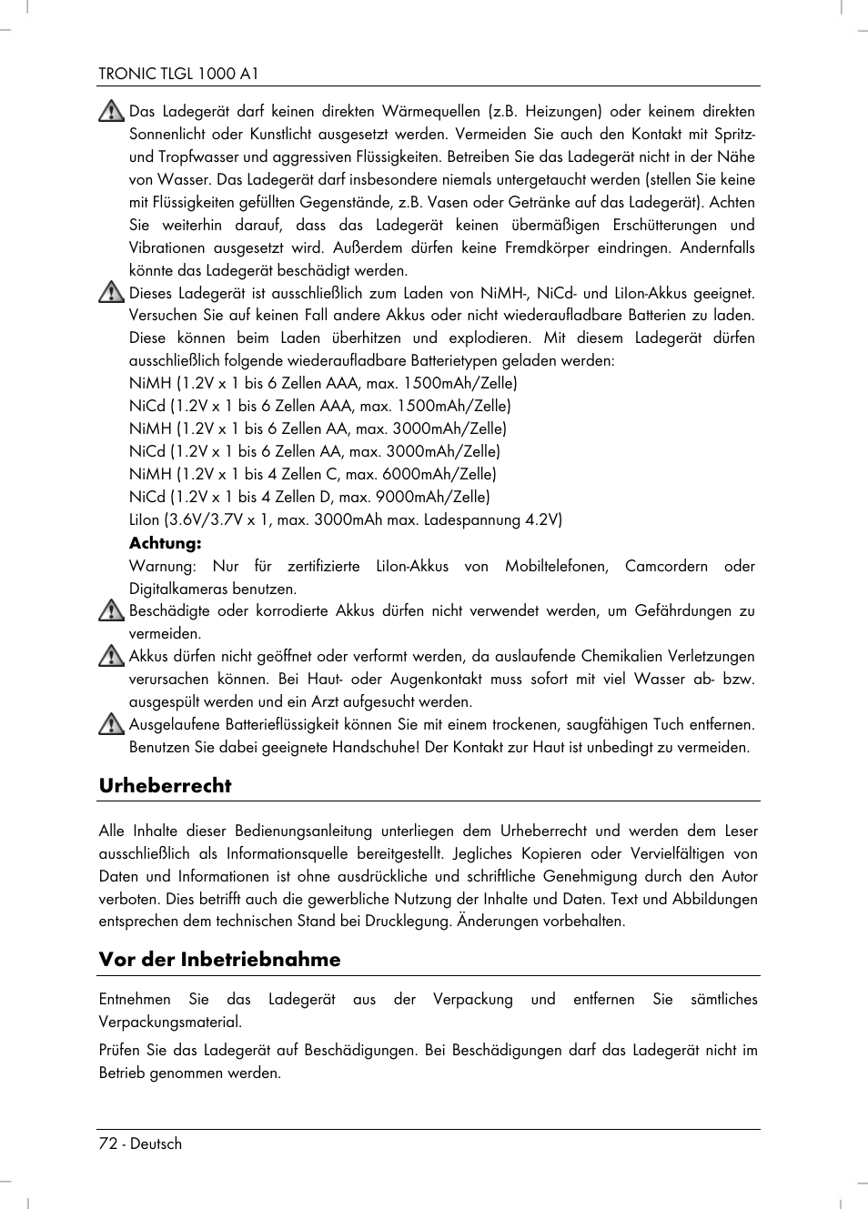 Urheberrecht, Vor der inbetriebnahme | Tronic TLGL 1000 A1 User Manual | Page 74 / 82