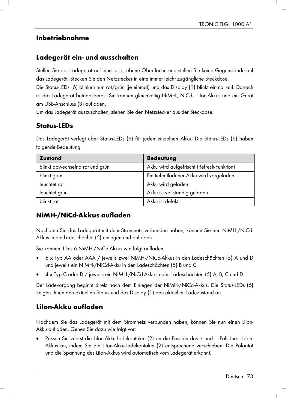 Inbetriebnahme ladegerät ein- und ausschalten, Status-leds, Nimh-/nicd-akkus aufladen | Liion-akku aufladen | Tronic TLGL 1000 A1 User Manual | Page 75 / 82