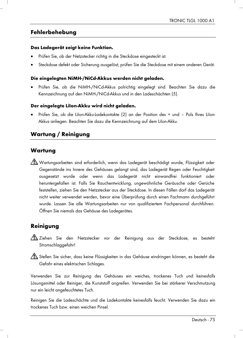 Fehlerbehebung, Wartung / reinigung wartung, Reinigung | Tronic TLGL 1000 A1 User Manual | Page 77 / 82