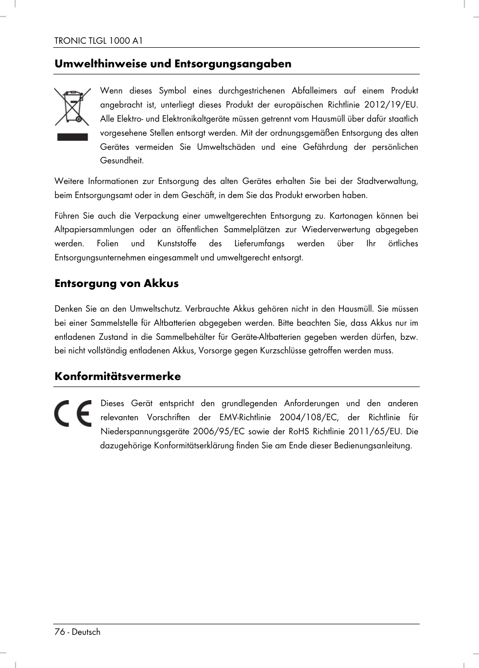 Umwelthinweise und entsorgungsangaben, Entsorgung von akkus, Konformitätsvermerke | Tronic TLGL 1000 A1 User Manual | Page 78 / 82