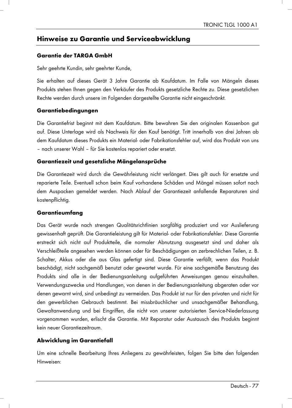 Hinweise zu garantie und serviceabwicklung | Tronic TLGL 1000 A1 User Manual | Page 79 / 82
