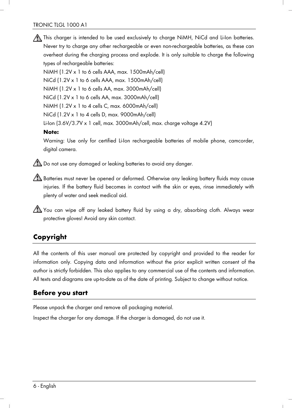 Copyright, Before you start | Tronic TLGL 1000 A1 User Manual | Page 8 / 82