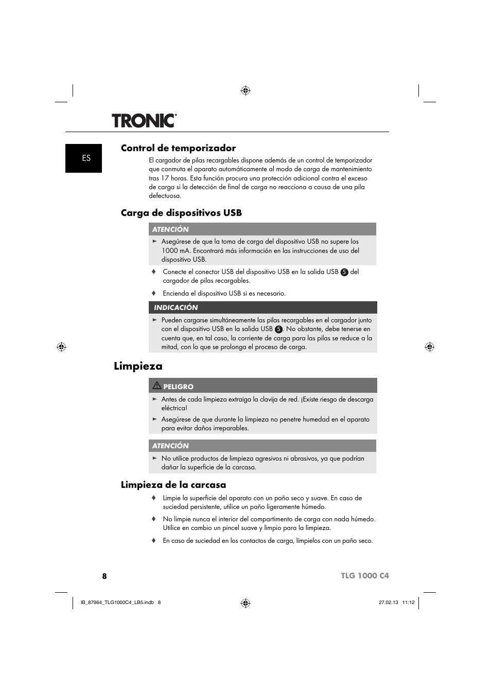 Limpieza, Control de temporizador, Carga de dispositivos usb | Limpieza de la carcasa | Tronic TLG 1000 C4 User Manual | Page 11 / 52