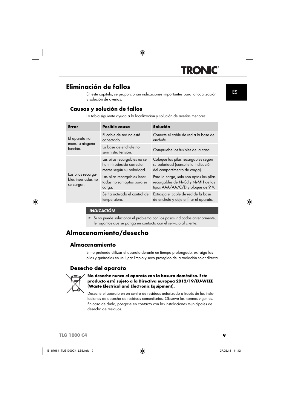 Eliminación de fallos, Almacenamiento/desecho, Causas y solución de fallos | Almacenamiento, Desecho del aparato | Tronic TLG 1000 C4 User Manual | Page 12 / 52