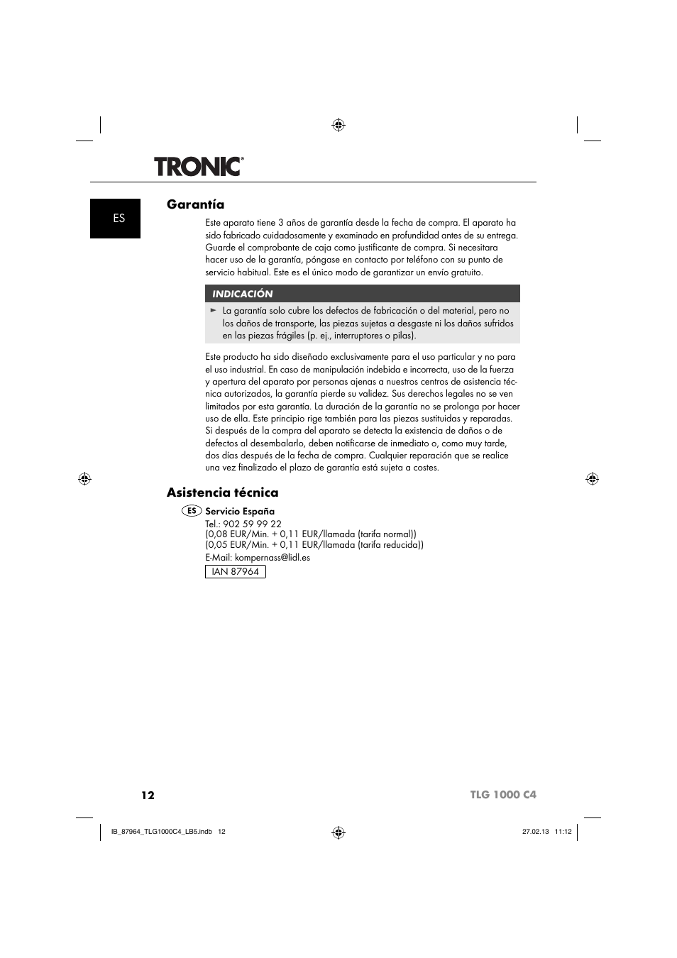 Garantía, Asistencia técnica | Tronic TLG 1000 C4 User Manual | Page 15 / 52