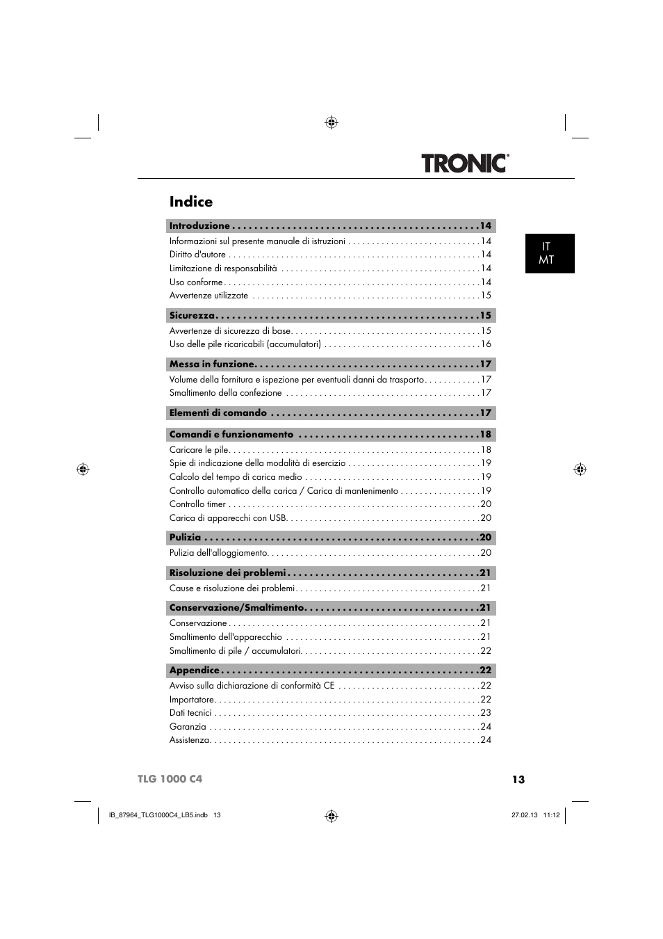 Indice, It mt | Tronic TLG 1000 C4 User Manual | Page 16 / 52