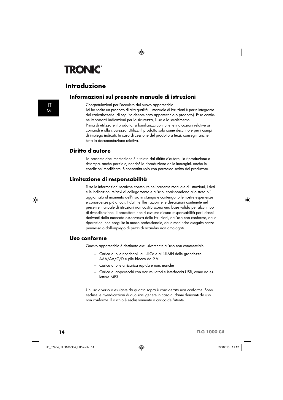 Introduzione, Informazioni sul presente manuale di istruzioni, Diritto d'autore | Limitazione di responsabilità, Uso conforme, It mt | Tronic TLG 1000 C4 User Manual | Page 17 / 52