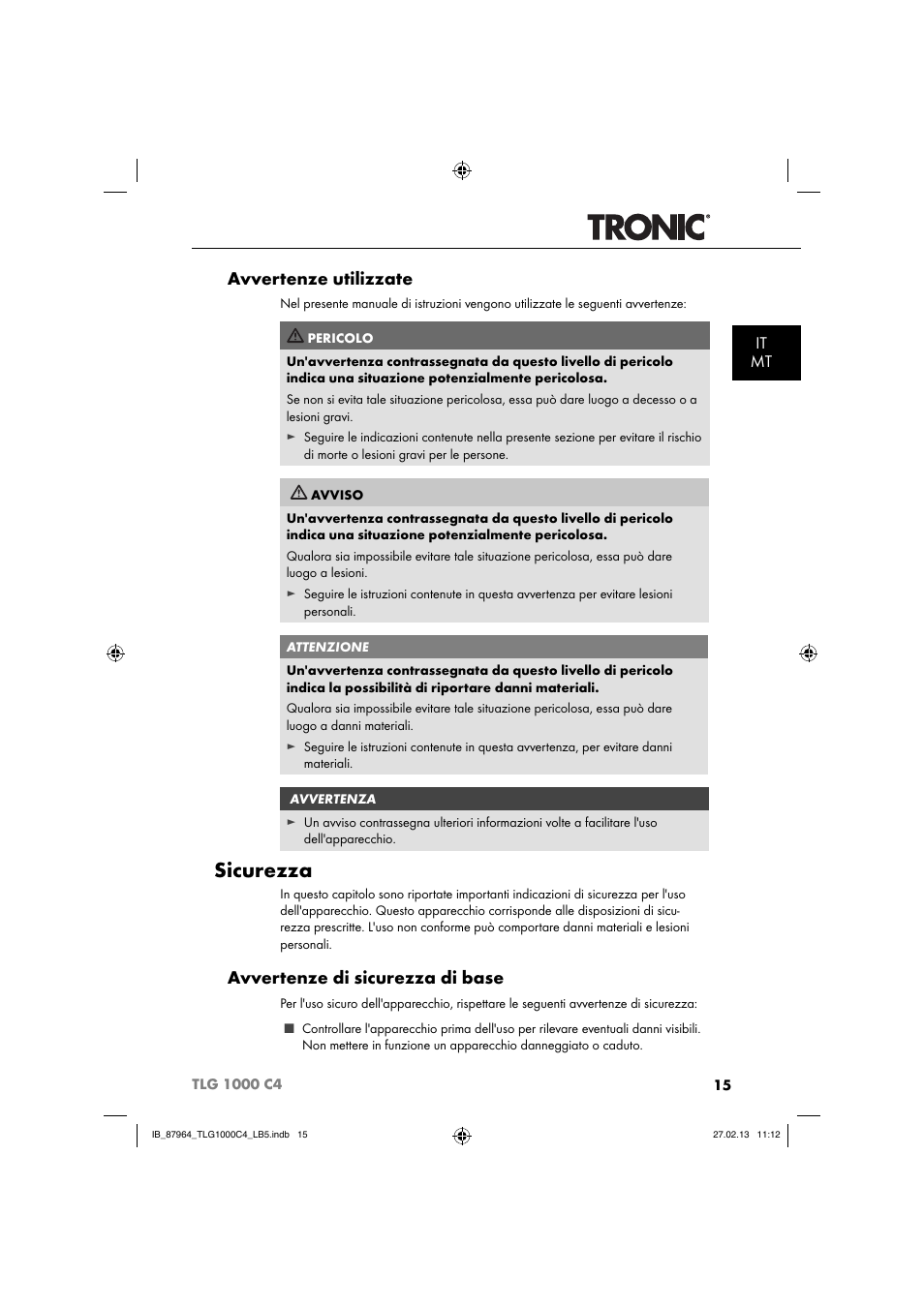 Sicurezza, Avvertenze utilizzate, Avvertenze di sicurezza di base | It mt | Tronic TLG 1000 C4 User Manual | Page 18 / 52