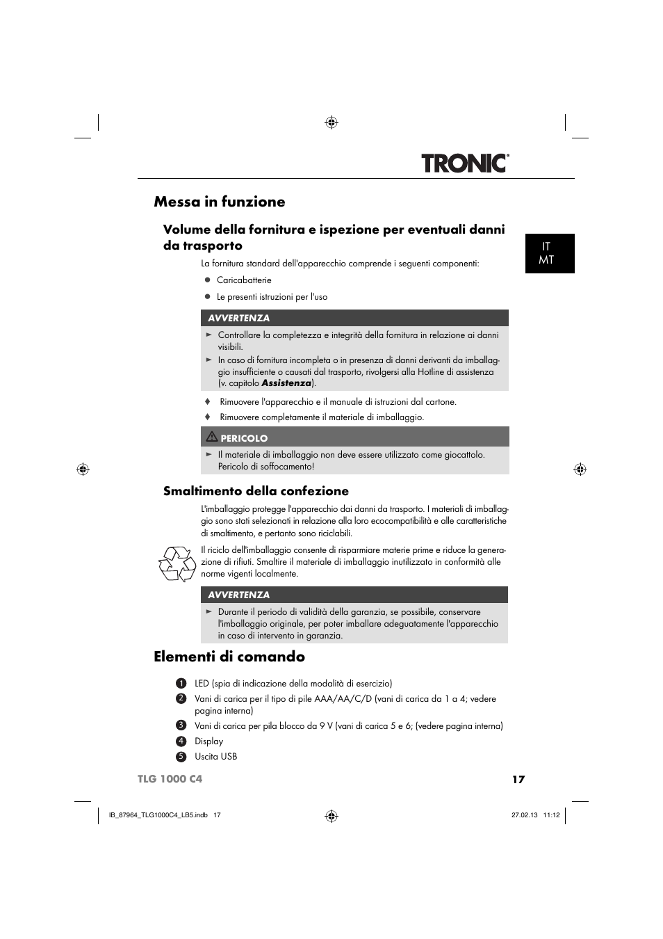 Messa in funzione, Elementi di comando, Smaltimento della confezione | It mt | Tronic TLG 1000 C4 User Manual | Page 20 / 52