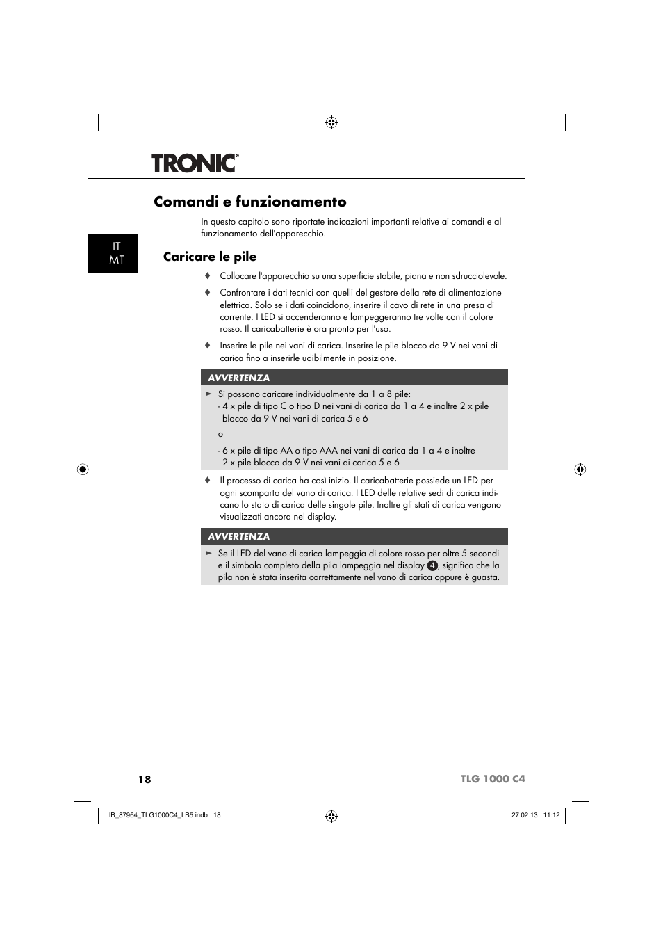 Comandi e funzionamento, Caricare le pile, It mt | Tronic TLG 1000 C4 User Manual | Page 21 / 52