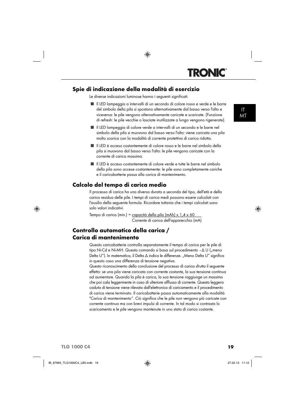 Spie di indicazione della modalità di esercizio, Calcolo del tempo di carica medio, It mt | Tronic TLG 1000 C4 User Manual | Page 22 / 52