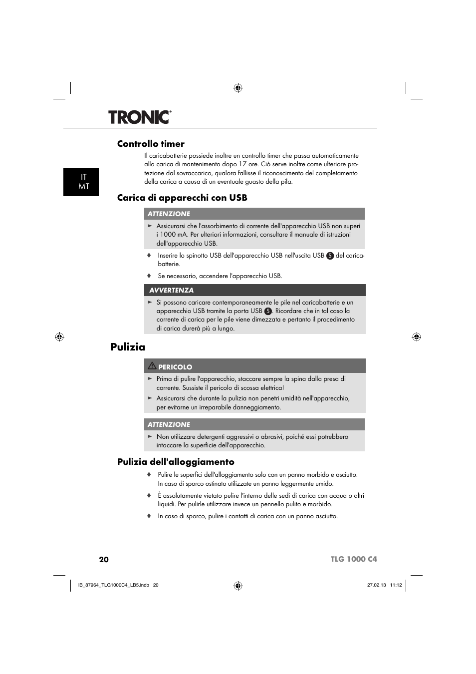 Pulizia, Controllo timer, Carica di apparecchi con usb | Pulizia dell'alloggiamento, It mt | Tronic TLG 1000 C4 User Manual | Page 23 / 52