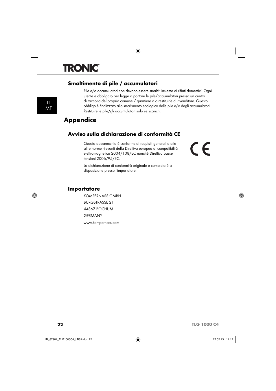 Appendice, Smaltimento di pile / accumulatori, Avviso sulla dichiarazione di conformità ce | Importatore, It mt | Tronic TLG 1000 C4 User Manual | Page 25 / 52